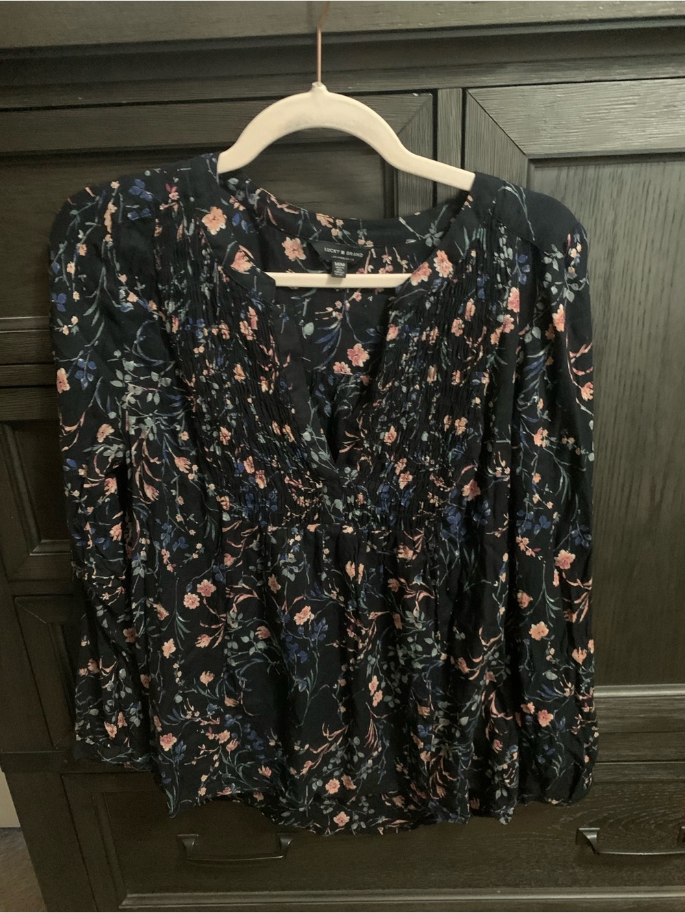 Lucky Brand Navy Floral Smocked V-Neck Blouse